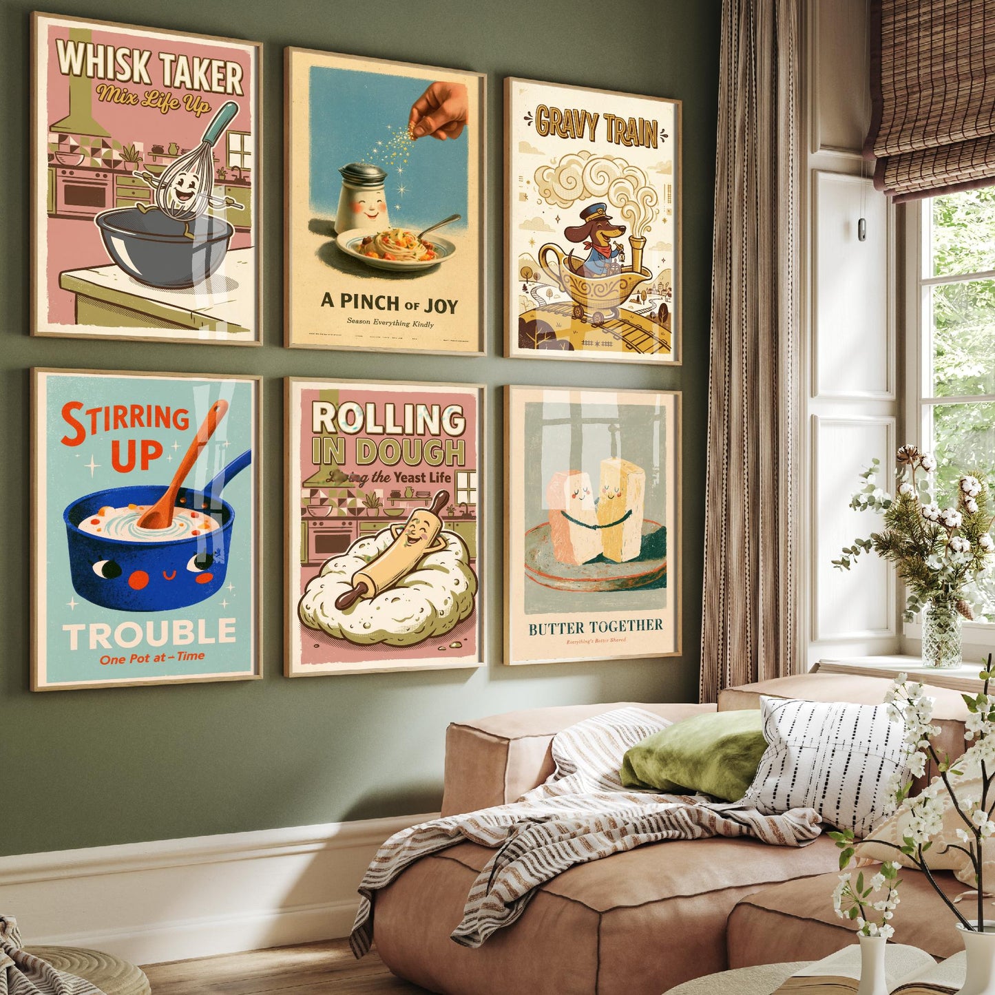 Set of Six Retro Kitchen Art Prints - Whisk Taker, Gravy Train, Rolling in Dough, Butter Together - Funny Pun Posters Illustration