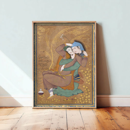 Reza Abbasi - Two Lovers (1630) - Classic Painting Art Print - Safavid Persian Miniature Embracing Couple Gold Isfahan Poster