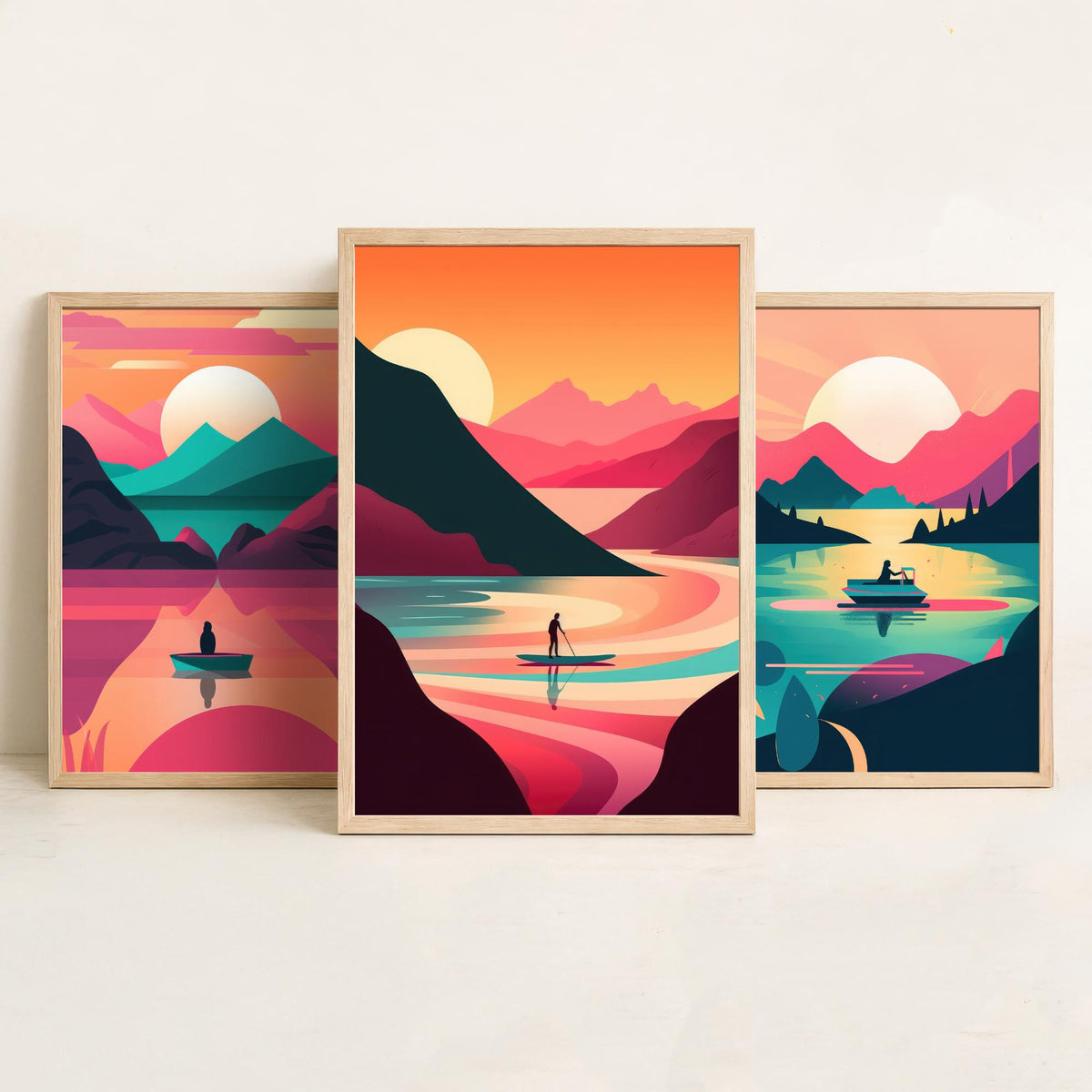 Lake at Sunset Set of Three Art Prints - Boats on Pink and Teal Water - Retro Mid Century Travel Poster Illustration