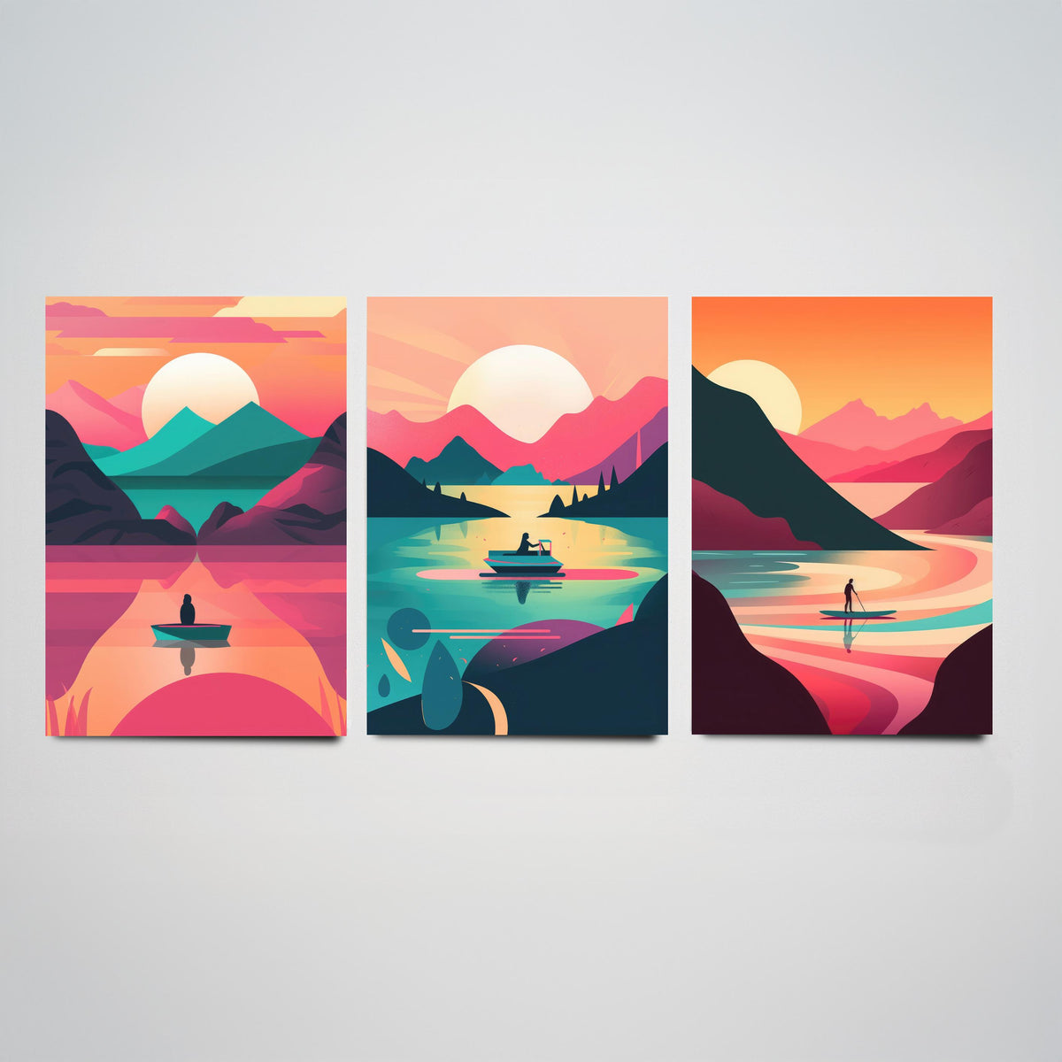 Lake at Sunset Set of Three Art Prints - Boats on Pink and Teal Water - Retro Mid Century Travel Poster Illustration