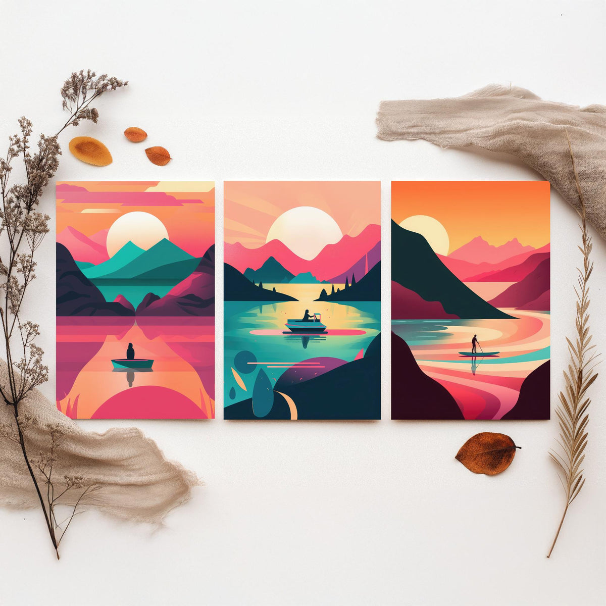Lake at Sunset Set of Three Art Prints - Boats on Pink and Teal Water - Retro Mid Century Travel Poster Illustration
