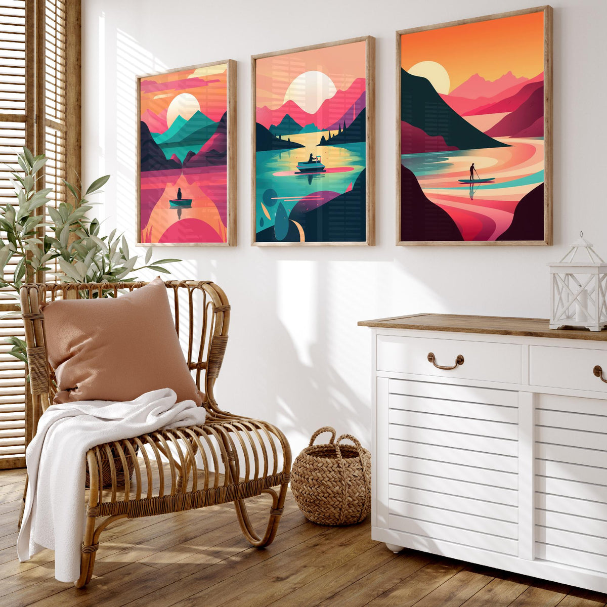 Lake at Sunset Set of Three Art Prints - Boats on Pink and Teal Water - Retro Mid Century Travel Poster Illustration