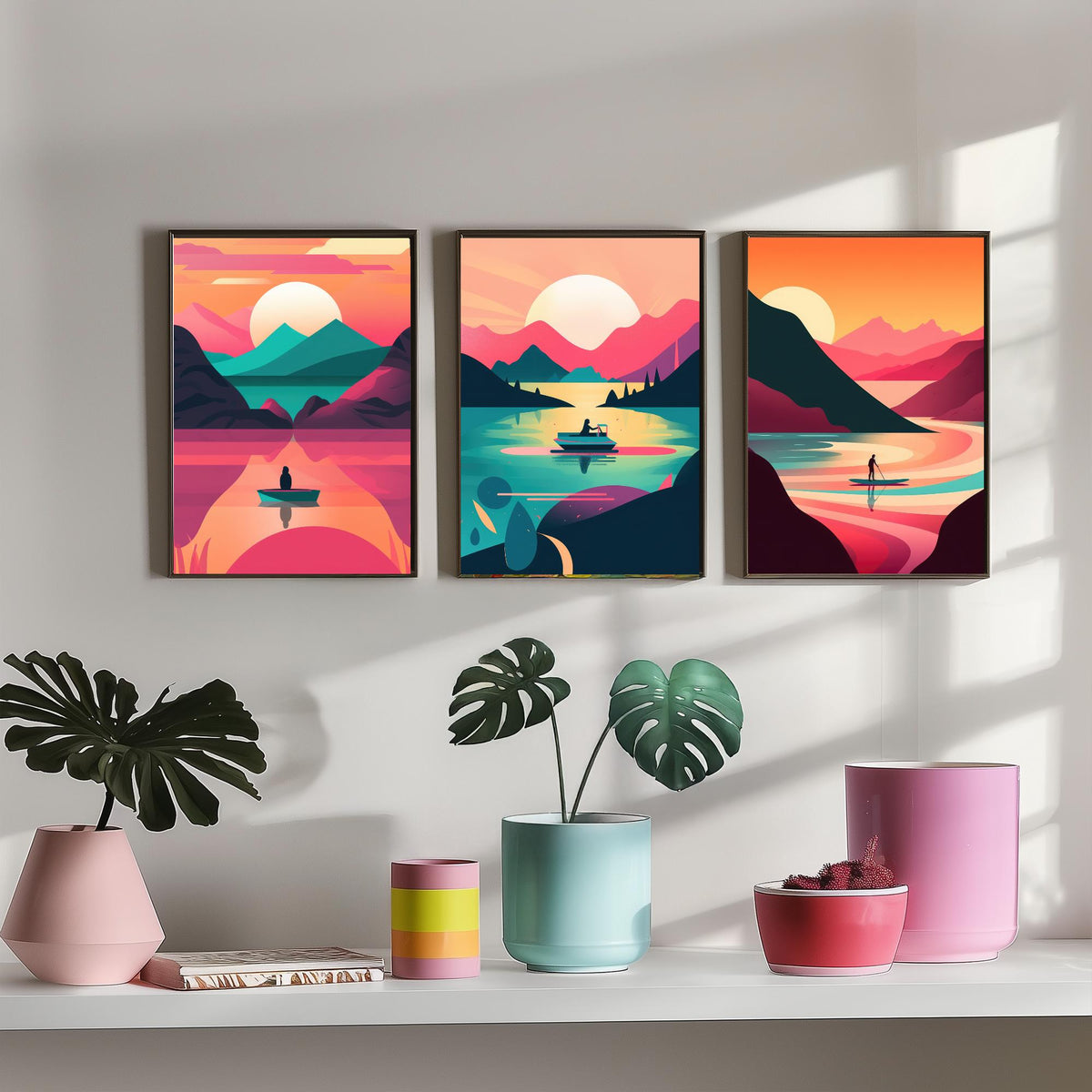 Lake at Sunset Set of Three Art Prints - Boats on Pink and Teal Water - Retro Mid Century Travel Poster Illustration