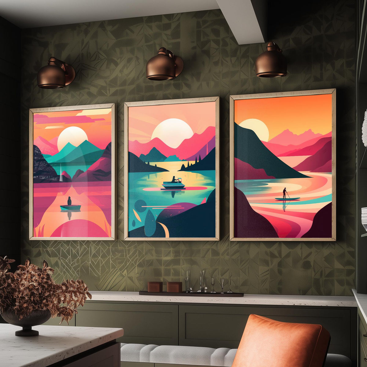 Lake at Sunset Set of Three Art Prints - Boats on Pink and Teal Water - Retro Mid Century Travel Poster Illustration