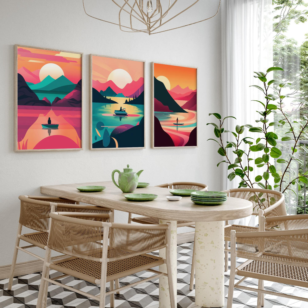 Lake at Sunset Set of Three Art Prints - Boats on Pink and Teal Water - Retro Mid Century Travel Poster Illustration