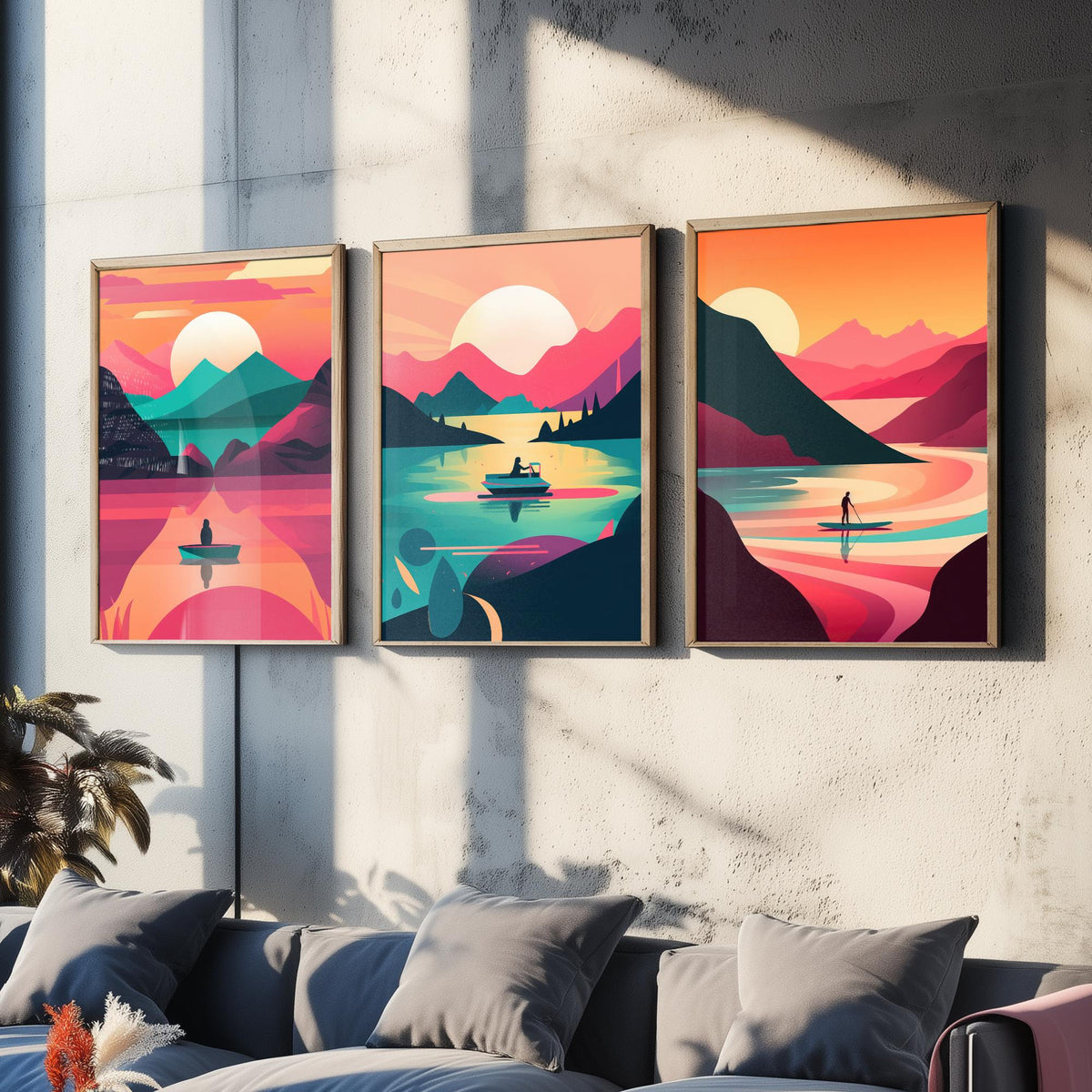 Lake at Sunset Set of Three Art Prints - Boats on Pink and Teal Water - Retro Mid Century Travel Poster Illustration