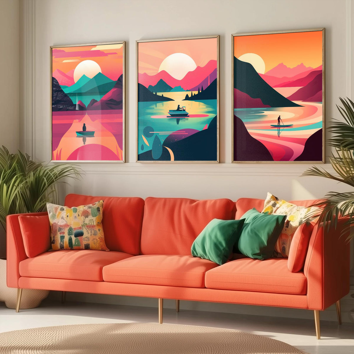 Lake at Sunset Set of Three Art Prints - Boats on Pink and Teal Water - Retro Mid Century Travel Poster Illustration