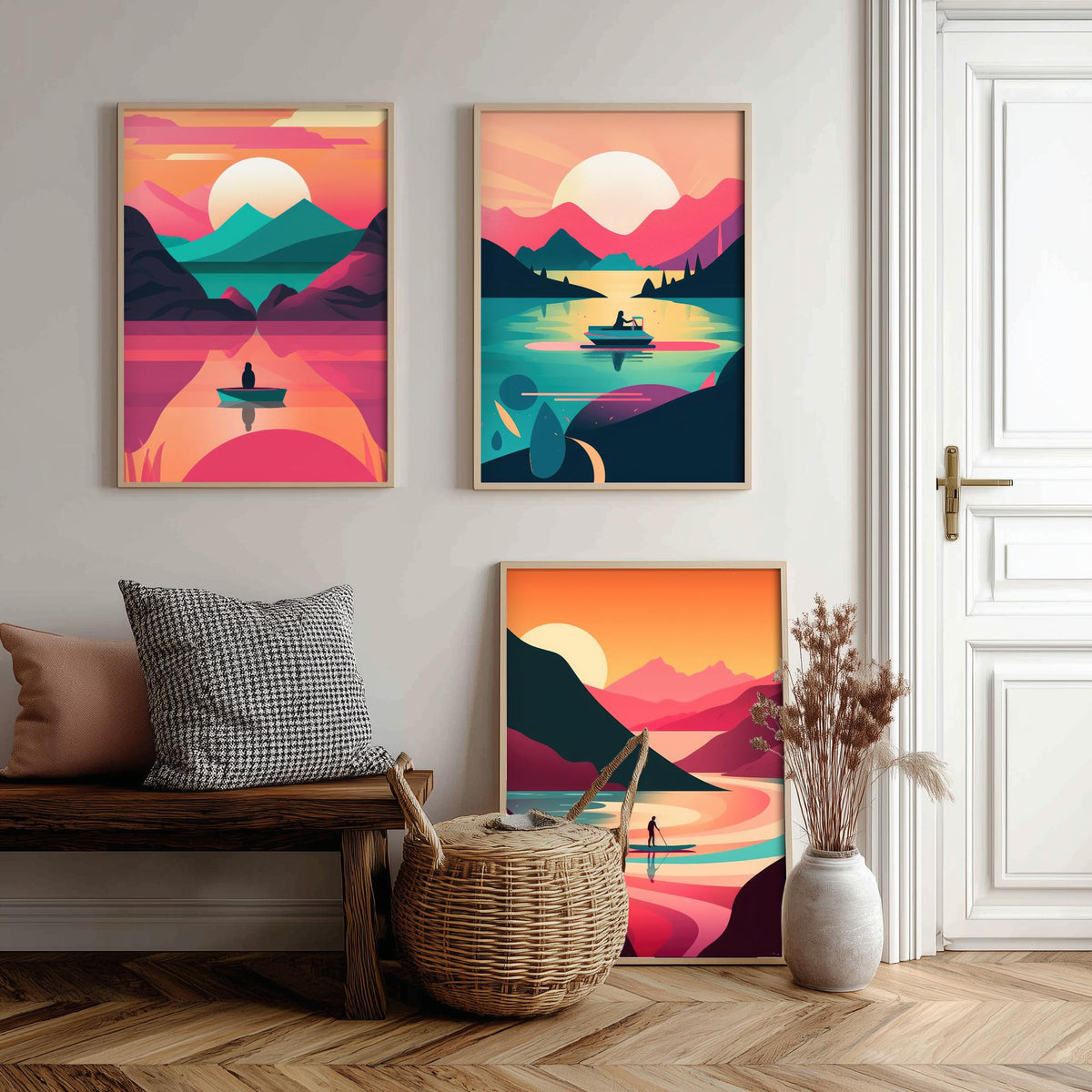 Lake at Sunset Set of Three Art Prints - Boats on Pink and Teal Water - Retro Mid Century Travel Poster Illustration