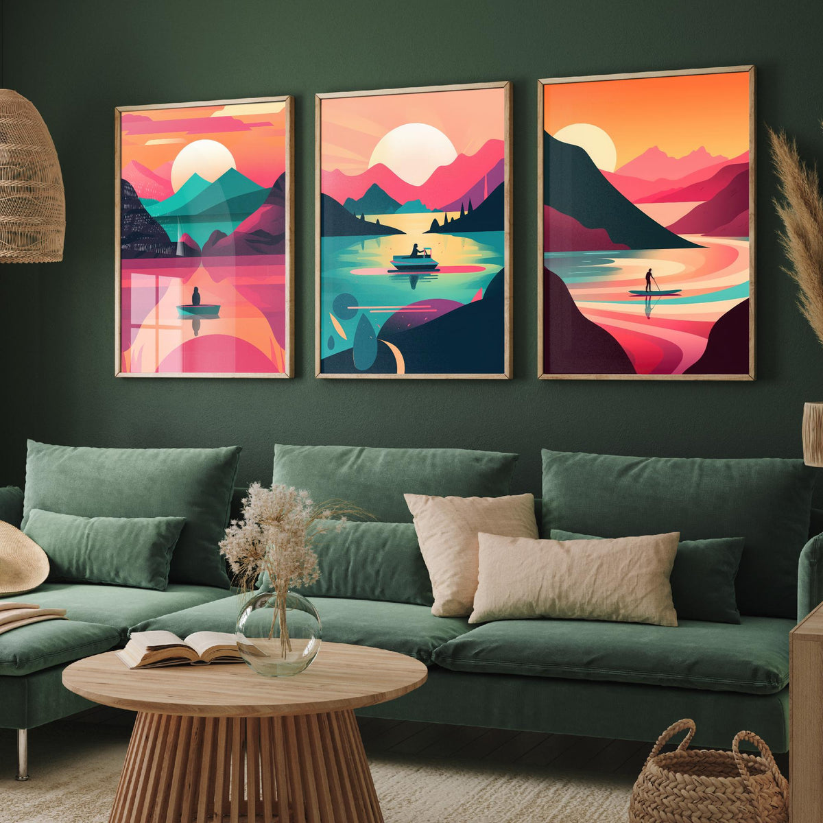 Lake at Sunset Set of Three Art Prints - Boats on Pink and Teal Water - Retro Mid Century Travel Poster Illustration