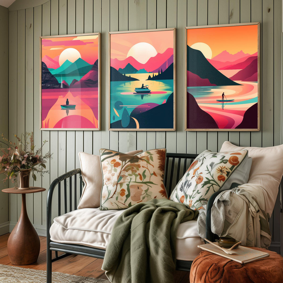 Lake at Sunset Set of Three Art Prints - Boats on Pink and Teal Water - Retro Mid Century Travel Poster Illustration