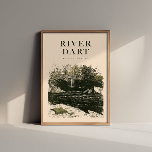 River Dart at New Bridge Art Print - Dartmoor Vintage Drawing Poster - Pen and Ink Sketch of the Stone Bridge - Devon Wild Swimming Spot