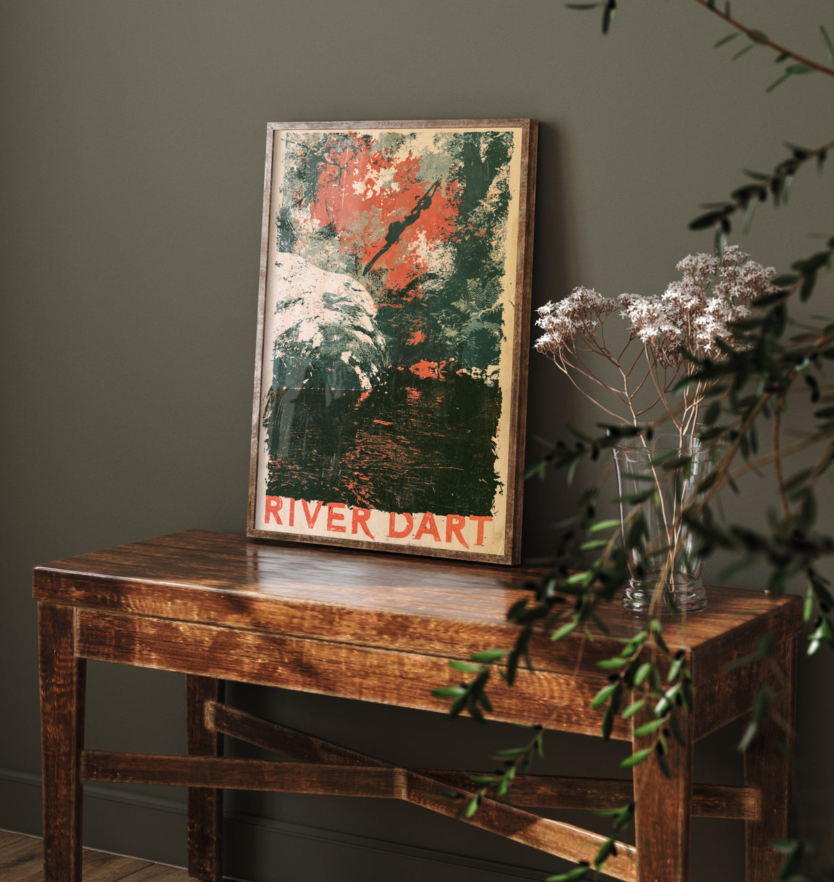 River Dart Dartmoor Wild Swimming Poster - Devon Art Print - Grainy Monoprint Style Illustration - Woodland River Swim
