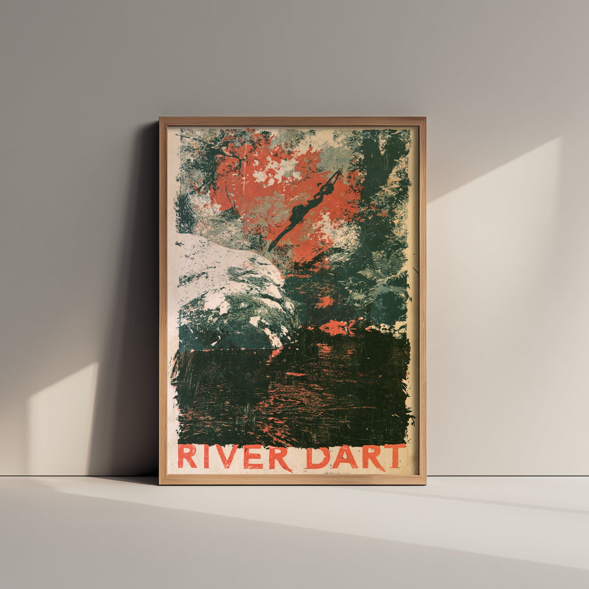 River Dart Dartmoor Wild Swimming Poster - Devon Art Print - Grainy Monoprint Style Illustration - Woodland River Swim