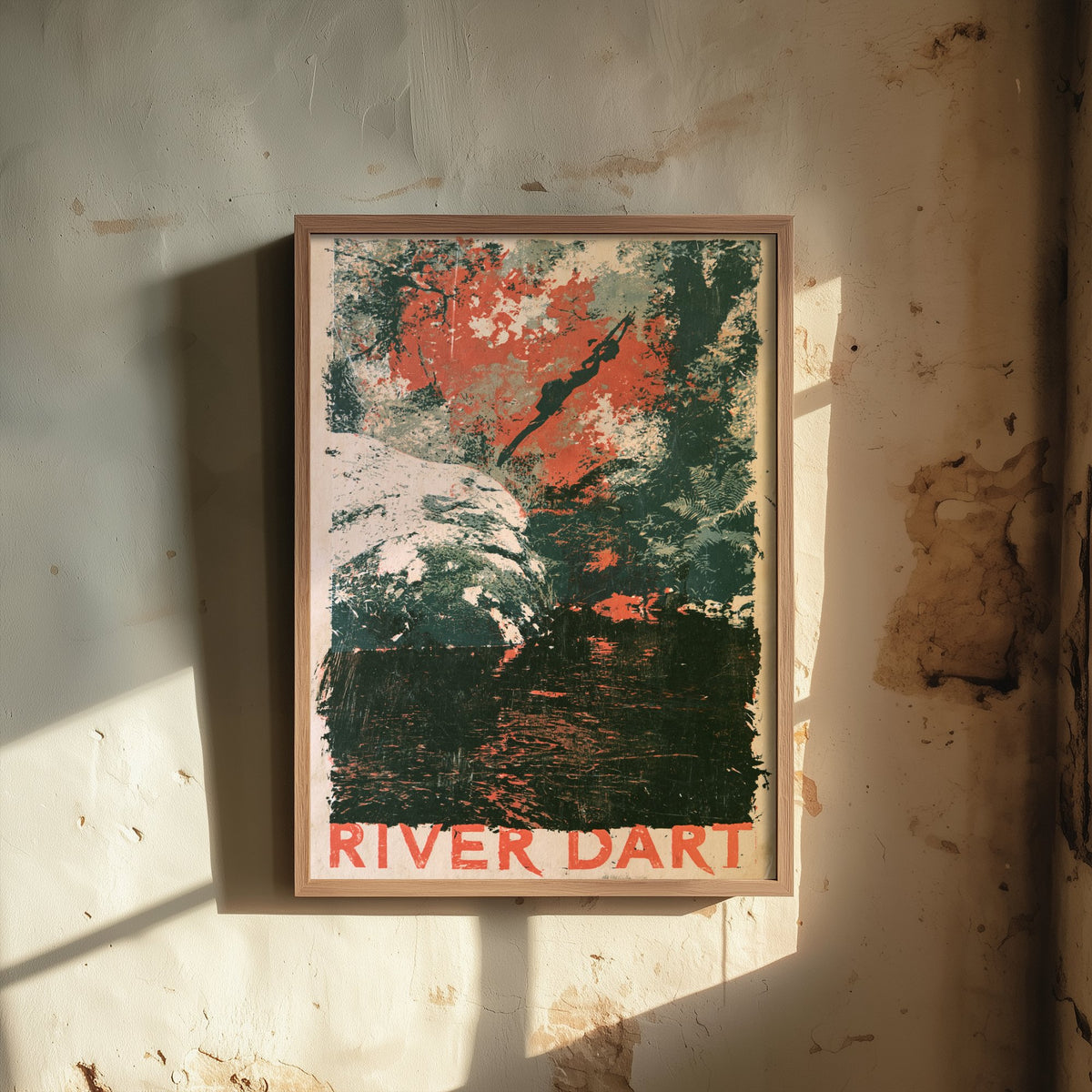 River Dart Dartmoor Wild Swimming Poster - Devon Art Print - Grainy Monoprint Style Illustration - Woodland River Swim