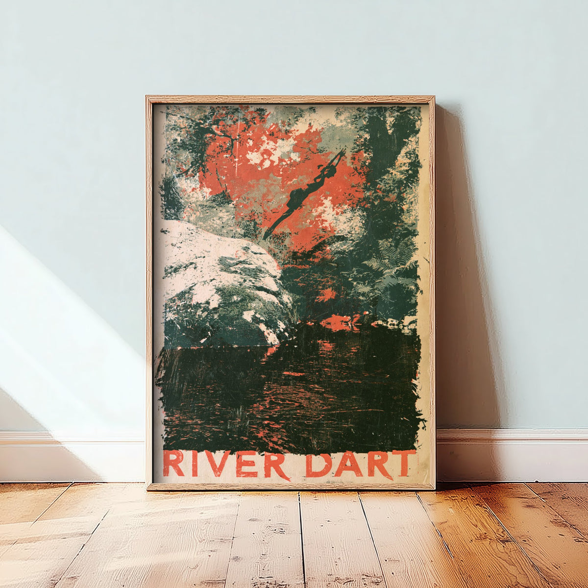 River Dart Dartmoor Wild Swimming Poster - Devon Art Print - Grainy Monoprint Style Illustration - Woodland River Swim
