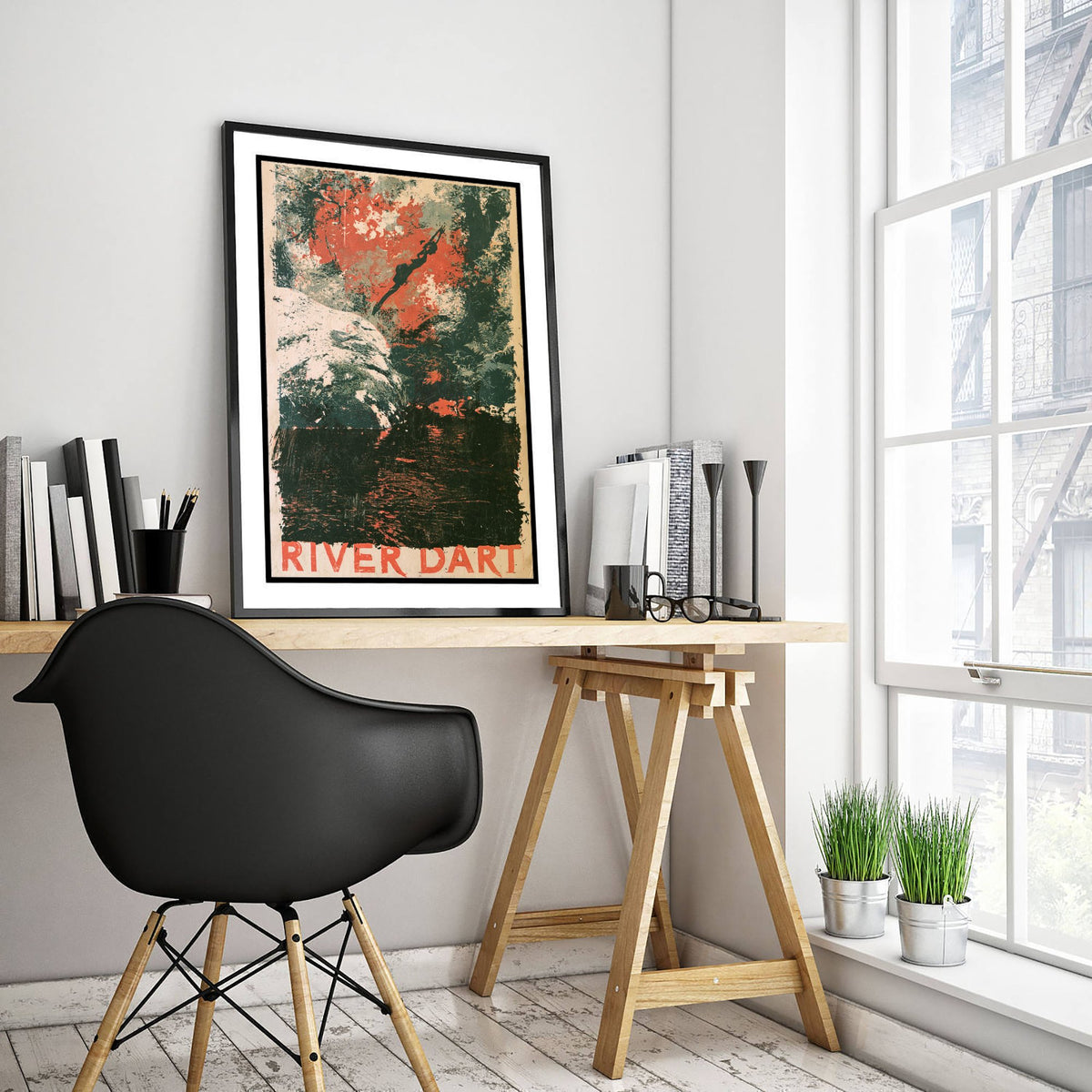 River Dart Dartmoor Wild Swimming Poster - Devon Art Print - Grainy Monoprint Style Illustration - Woodland River Swim