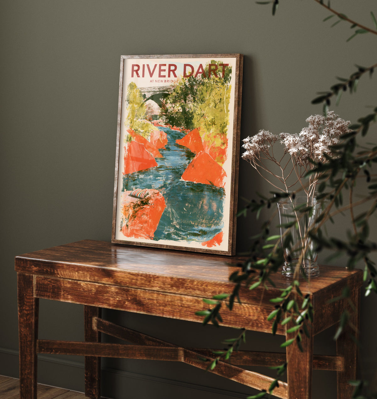 River Dart at New Bridge Travel Poster - Dartmoor Art Print - Orange Boulder Collage Swimming Illustration - Devon River Swim
