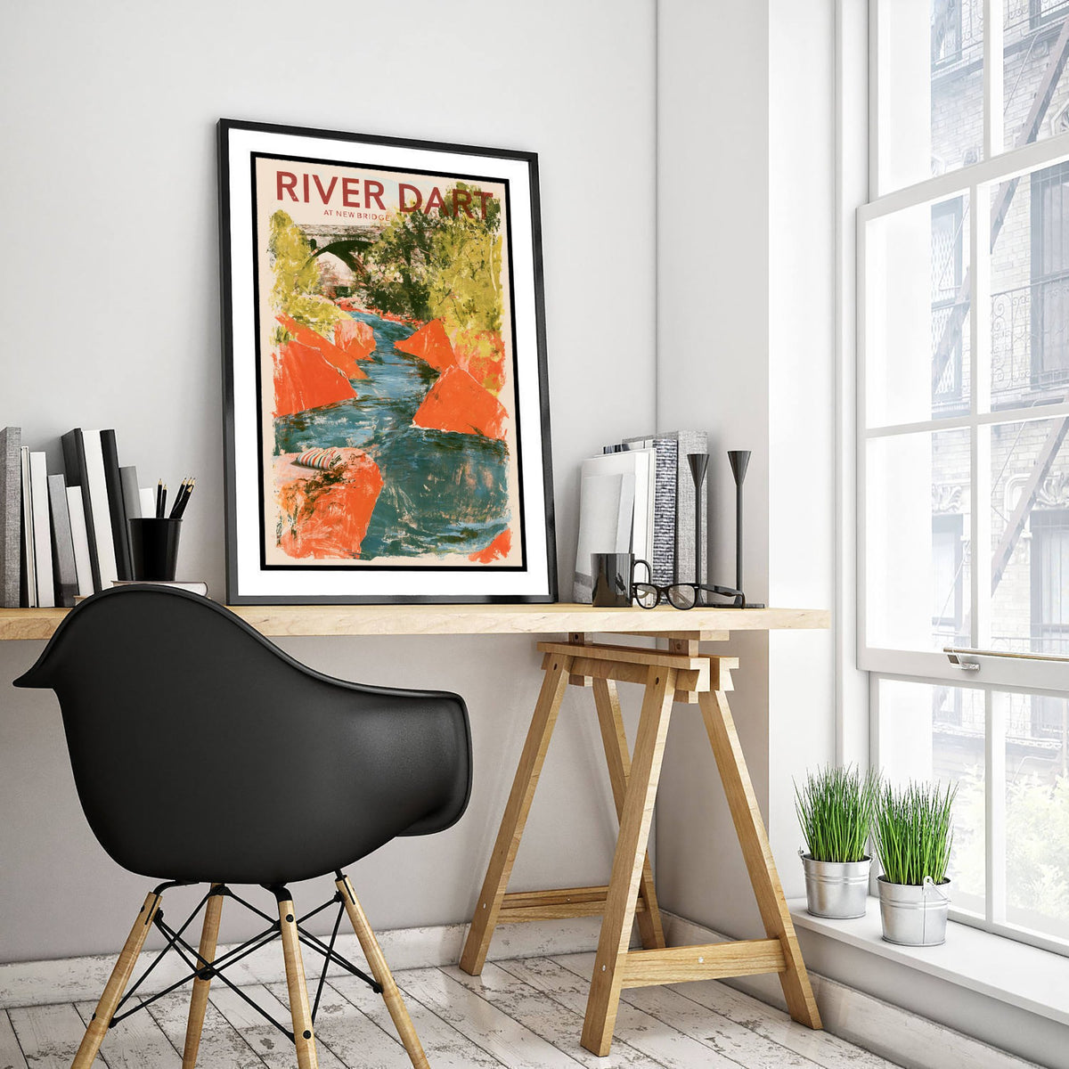 River Dart at New Bridge Travel Poster - Dartmoor Art Print - Orange Boulder Collage Swimming Illustration - Devon River Swim