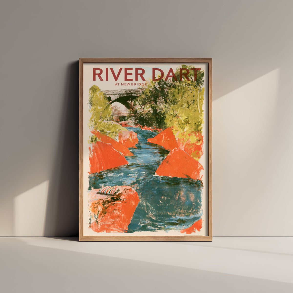 River Dart at New Bridge Travel Poster - Dartmoor Art Print - Orange Boulder Collage Swimming Illustration - Devon River Swim