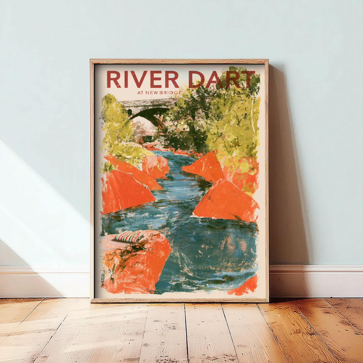 River Dart at New Bridge Travel Poster - Dartmoor Art Print - Orange Boulder Collage Swimming Illustration - Devon River Swim