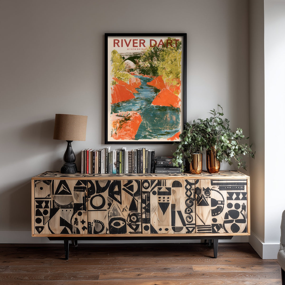 River Dart at New Bridge Travel Poster - Dartmoor Art Print - Orange Boulder Collage Swimming Illustration - Devon River Swim