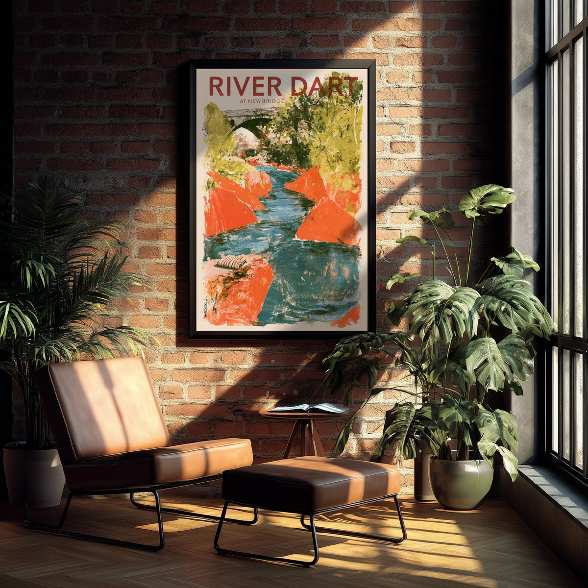 River Dart at New Bridge Travel Poster - Dartmoor Art Print - Orange Boulder Collage Swimming Illustration - Devon River Swim