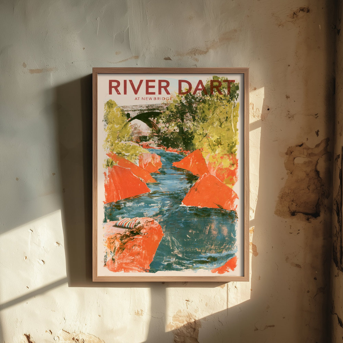 River Dart at New Bridge Travel Poster - Dartmoor Art Print - Orange Boulder Collage Swimming Illustration - Devon River Swim