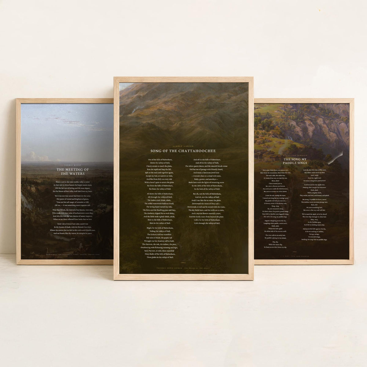 River Poems Set of Three Art Prints - The Meeting of the Waters, The Song My Paddle Sings, Song of the Chattahoochee - Painting Posters