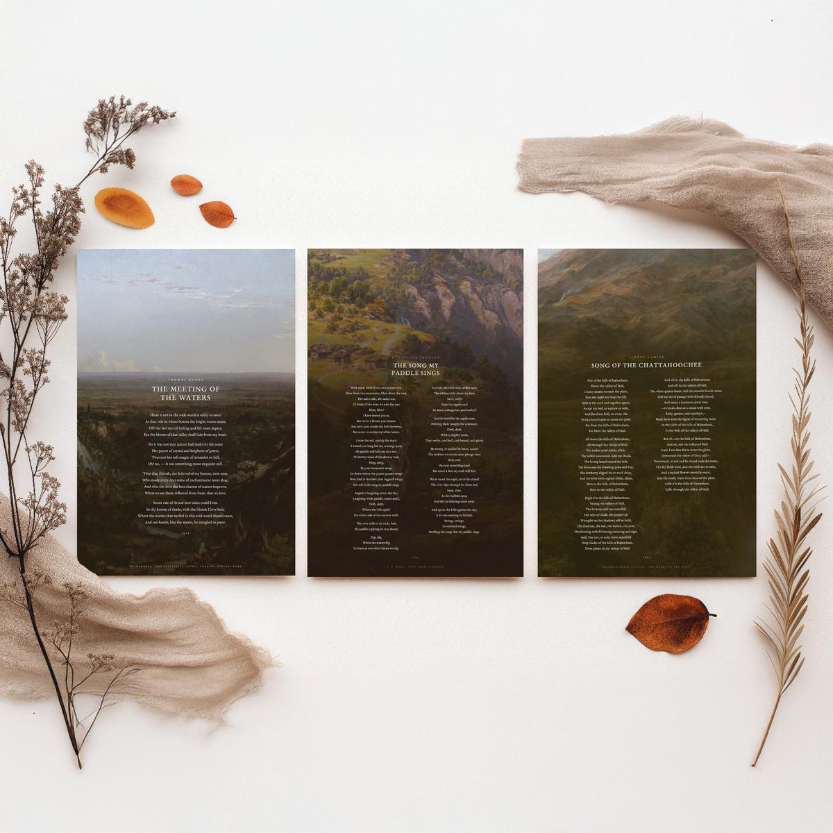 River Poems Set of Three Art Prints - The Meeting of the Waters, The Song My Paddle Sings, Song of the Chattahoochee - Painting Posters