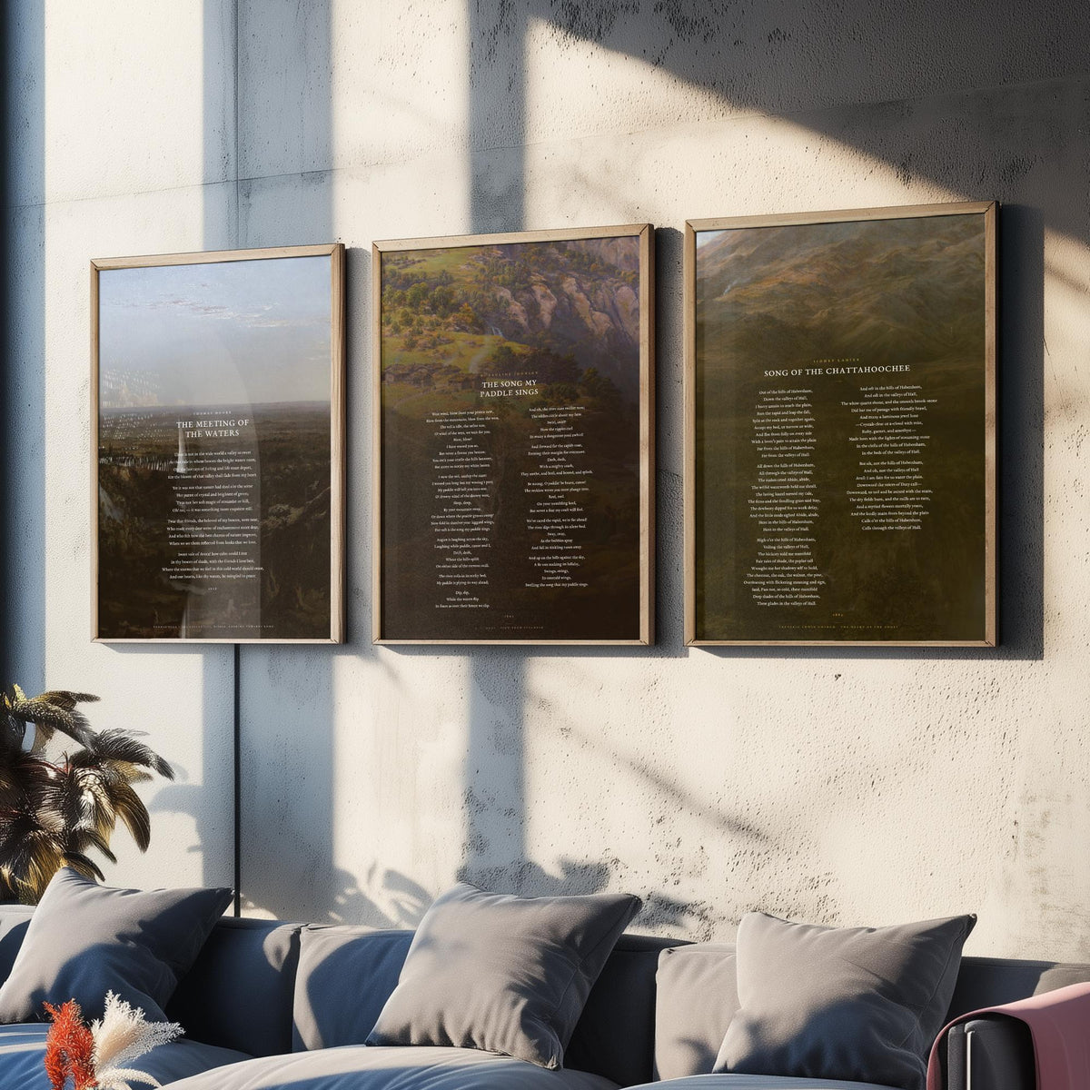 River Poems Set of Three Art Prints - The Meeting of the Waters, The Song My Paddle Sings, Song of the Chattahoochee - Painting Posters