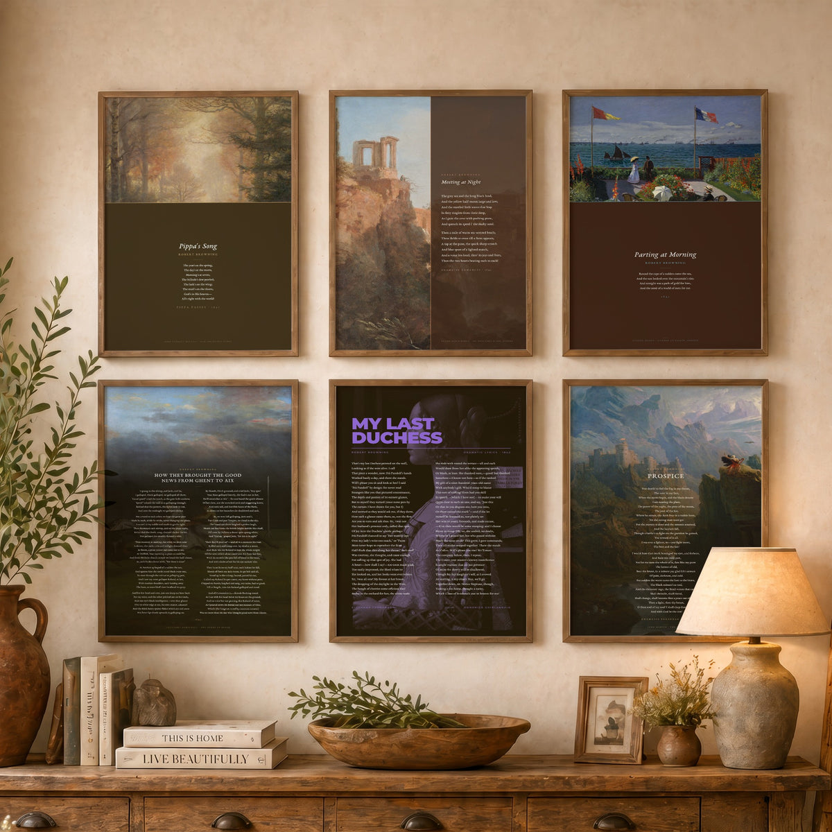 Set of Six Robert Browning Poem Art Prints - 6 Full Poems over Classic Paintings - Posters - My Last Duchess, Meeting at Night, Pippa's Song
