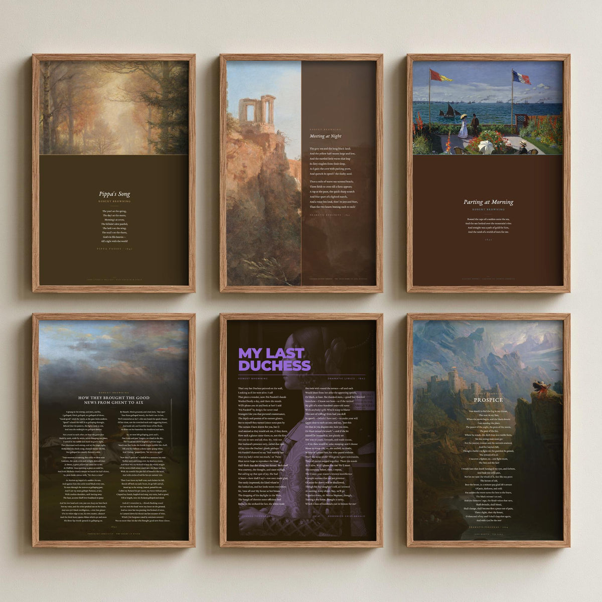 Set of Six Robert Browning Poem Art Prints - 6 Full Poems over Classic Paintings - Posters - My Last Duchess, Meeting at Night, Pippa's Song