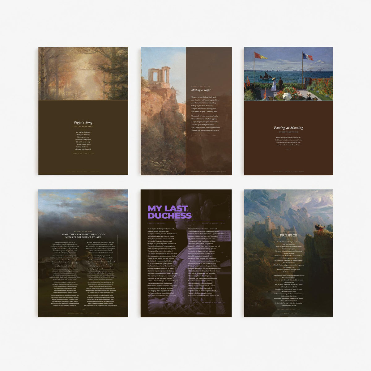 Set of Six Robert Browning Poem Art Prints - 6 Full Poems over Classic Paintings - Posters - My Last Duchess, Meeting at Night, Pippa's Song