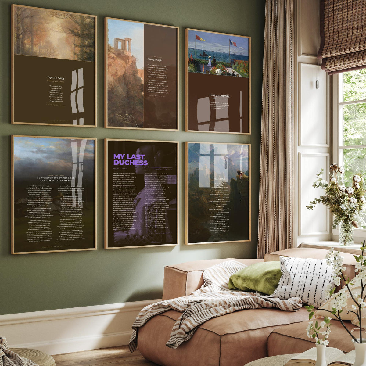 Set of Six Robert Browning Poem Art Prints - 6 Full Poems over Classic Paintings - Posters - My Last Duchess, Meeting at Night, Pippa's Song