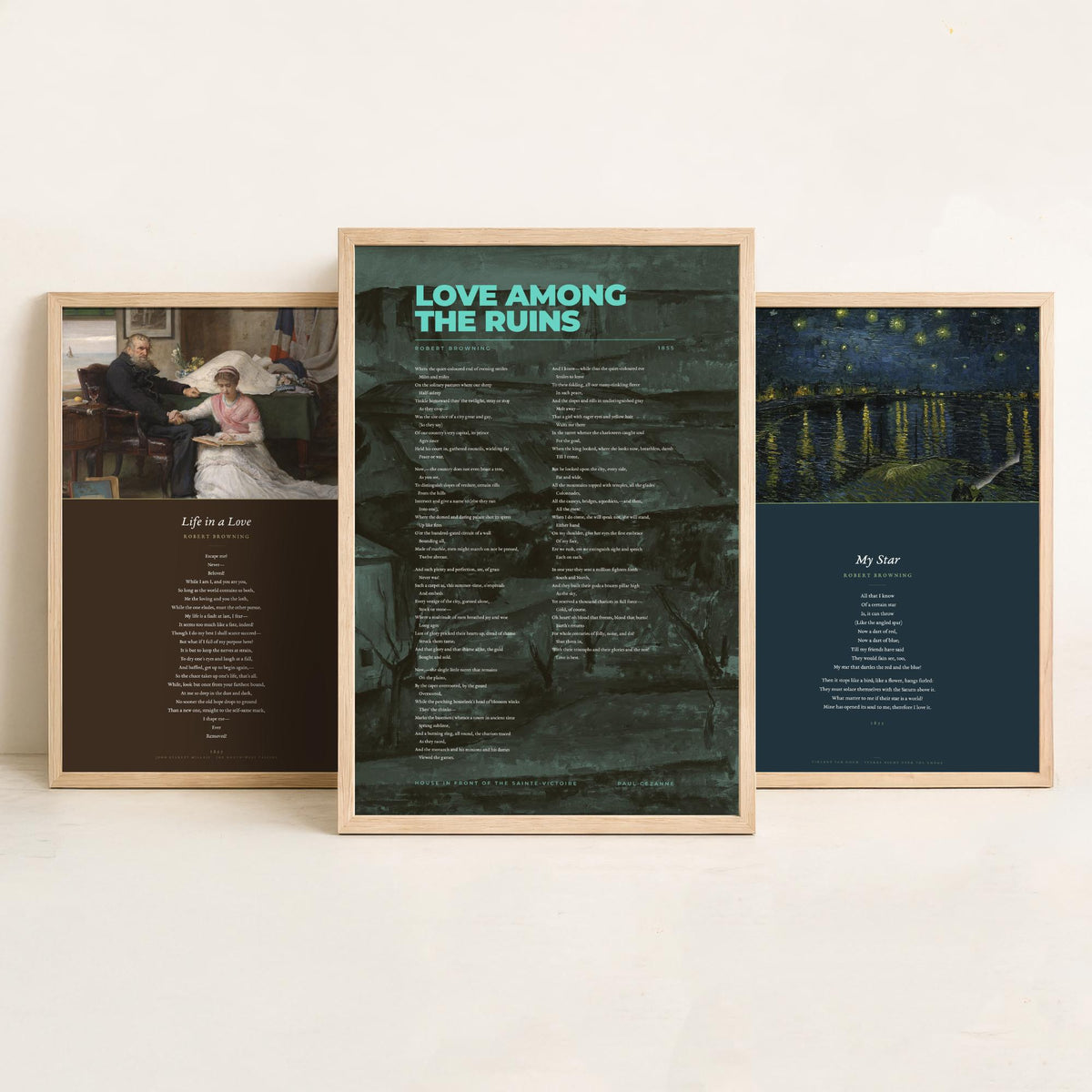 Robert Browning Poems Set of Three Art Prints - My Star, Life in a Love, Love Among the Ruins - Full Poems over Paintings - Poster V1