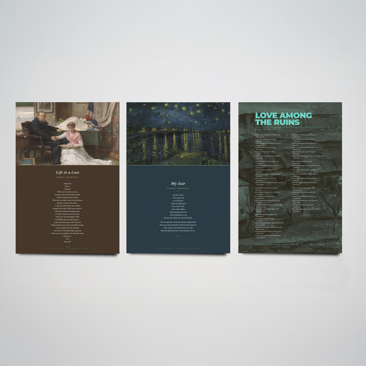 Robert Browning Poems Set of Three Art Prints - My Star, Life in a Love, Love Among the Ruins - Full Poems over Paintings - Poster V1