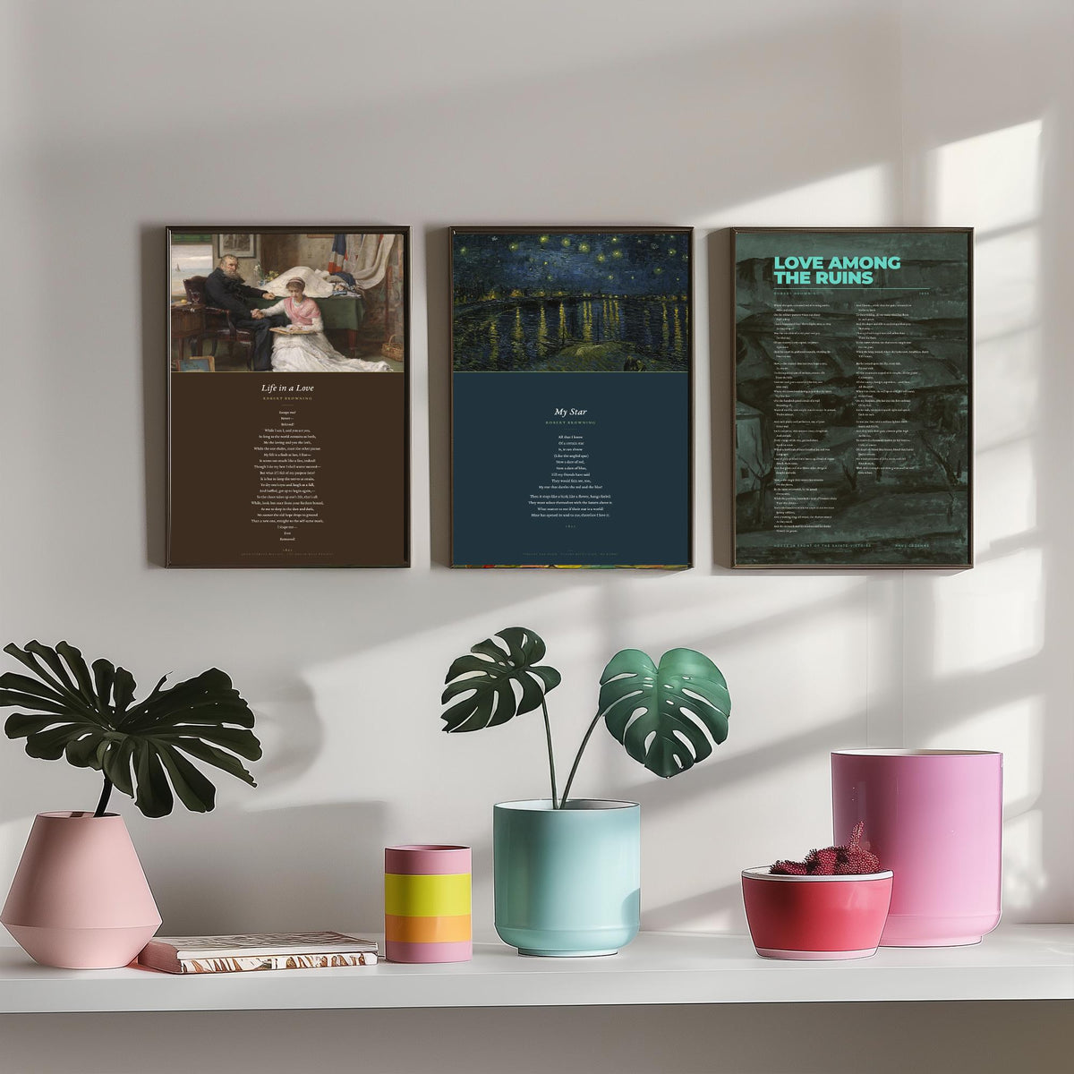 Robert Browning Poems Set of Three Art Prints - My Star, Life in a Love, Love Among the Ruins - Full Poems over Paintings - Poster V1