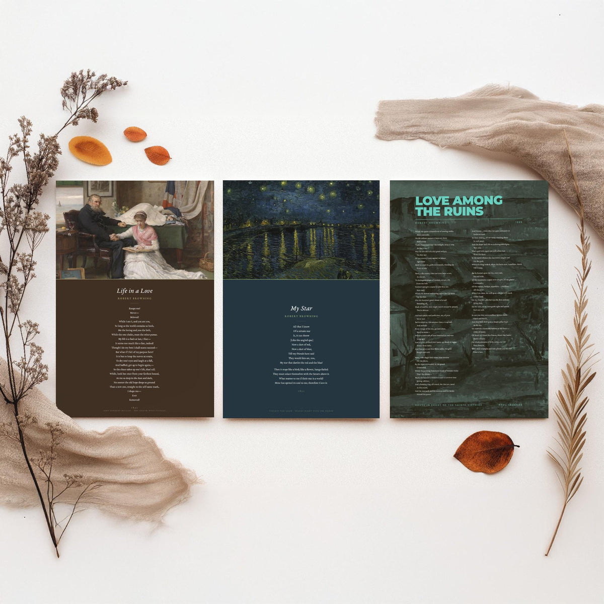 Robert Browning Poems Set of Three Art Prints - My Star, Life in a Love, Love Among the Ruins - Full Poems over Paintings - Poster V1