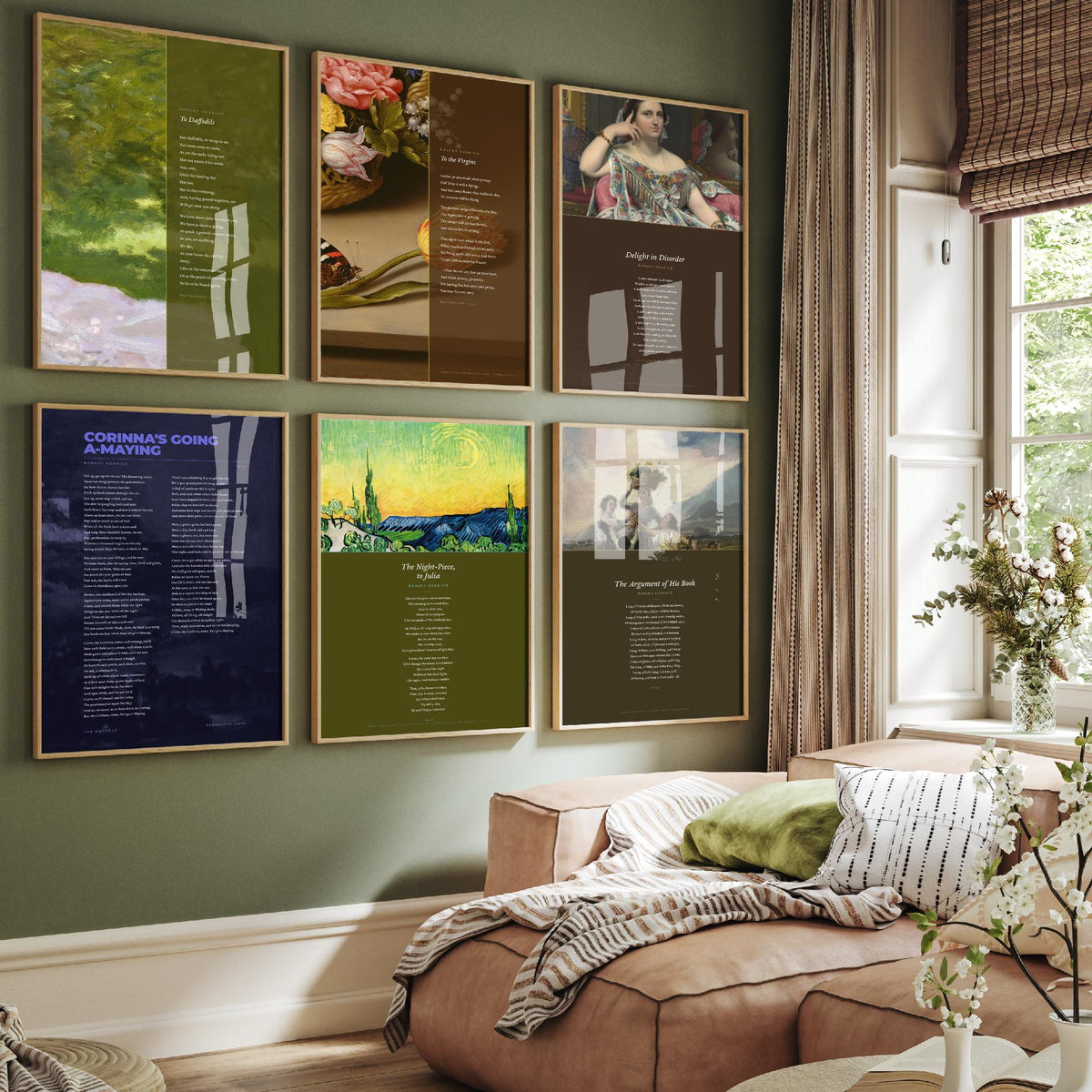 Set of Six Robert Herrick Poem Art Prints - Full Poems over Classic Paintings - Posters - To the Virgins, To Daffodils, Delight in Disorder