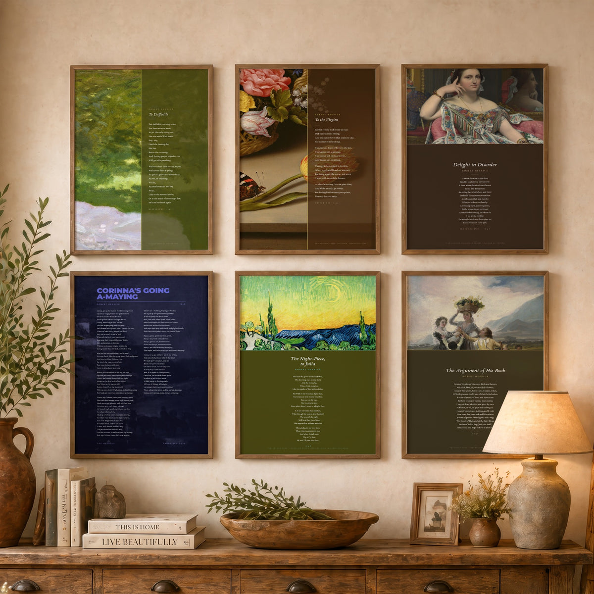 Set of Six Robert Herrick Poem Art Prints - Full Poems over Classic Paintings - Posters - To the Virgins, To Daffodils, Delight in Disorder