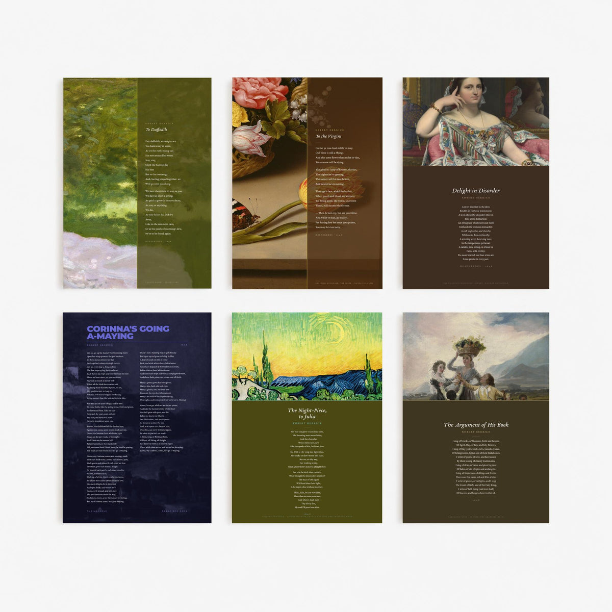 Set of Six Robert Herrick Poem Art Prints - Full Poems over Classic Paintings - Posters - To the Virgins, To Daffodils, Delight in Disorder