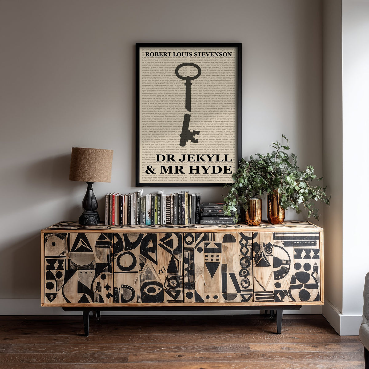 Dr Jekyll and Mr Hyde by Robert Louis Stevenson Art Print - Novel Text Book Cover Poster - Bloodied Door Key Illustration