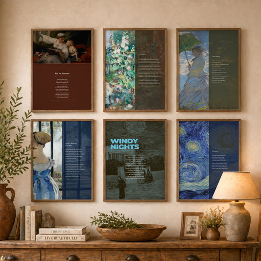 Set of Six Robert Louis Stevenson Poem Art Prints - Full Poems over Classic Paintings - Poetry Posters - Requiem, My Shadow, The Swing