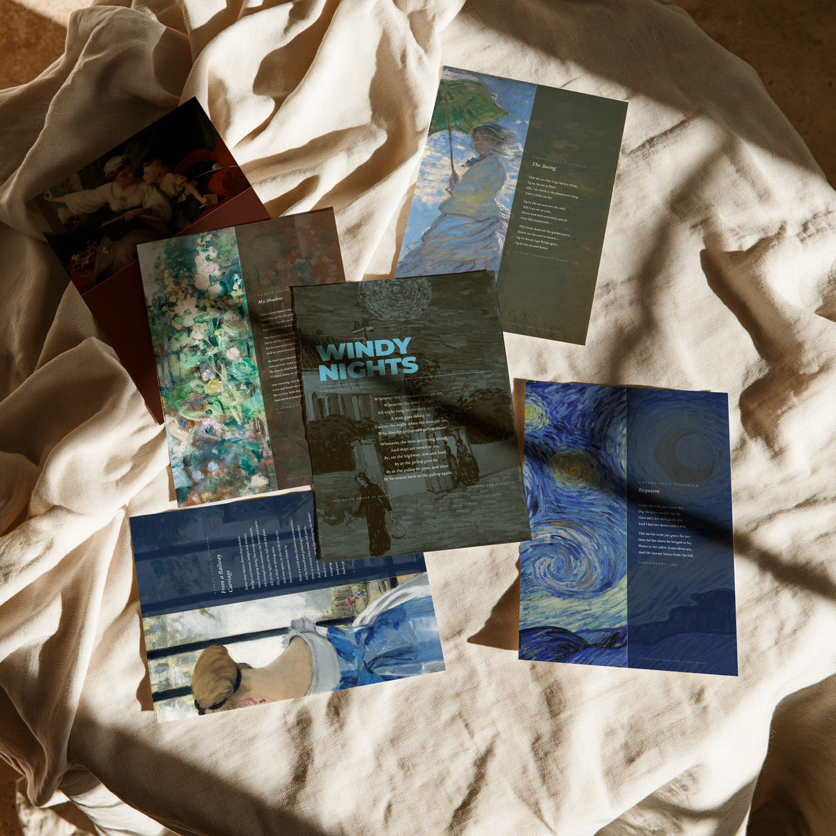 Set of Six Robert Louis Stevenson Poem Art Prints - Full Poems over Classic Paintings - Poetry Posters - Requiem, My Shadow, The Swing