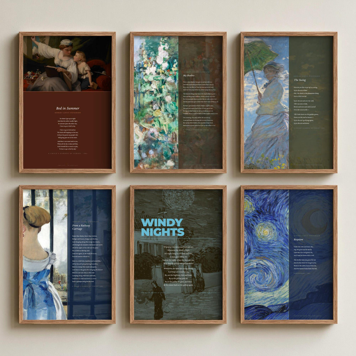 Set of Six Robert Louis Stevenson Poem Art Prints - Full Poems over Classic Paintings - Poetry Posters - Requiem, My Shadow, The Swing