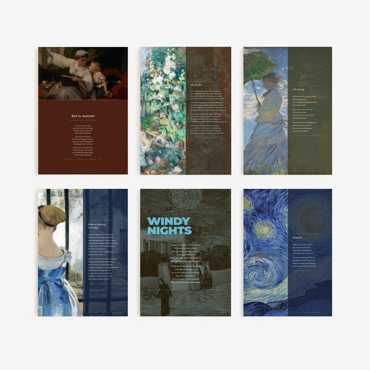 Set of Six Robert Louis Stevenson Poem Art Prints - Full Poems over Classic Paintings - Poetry Posters - Requiem, My Shadow, The Swing