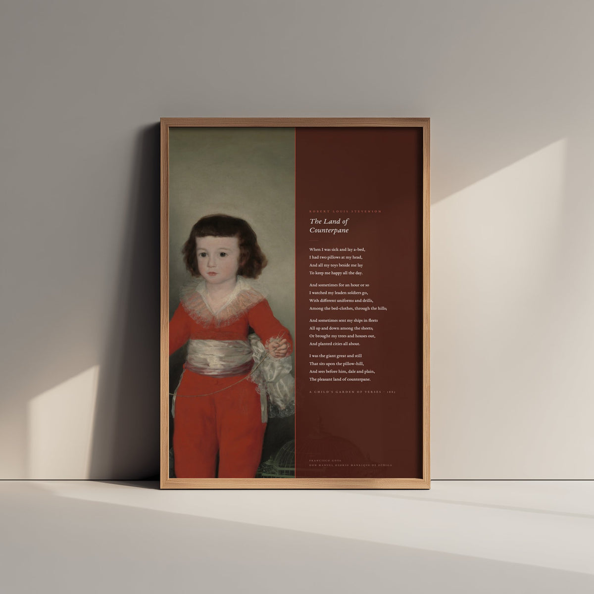 The Land of Counterpane by Robert Louis Stevenson Art Print - Full Poem beside Goya Boy in Red Painting - Nursery Poetry Poster