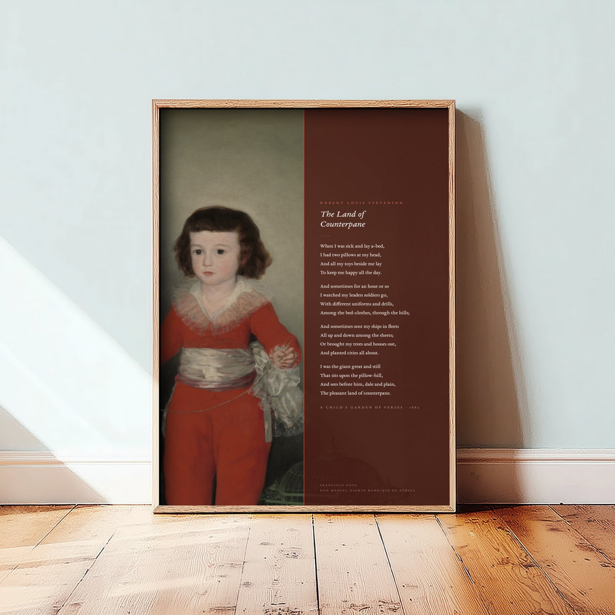 The Land of Counterpane by Robert Louis Stevenson Art Print - Full Poem beside Goya Boy in Red Painting - Nursery Poetry Poster