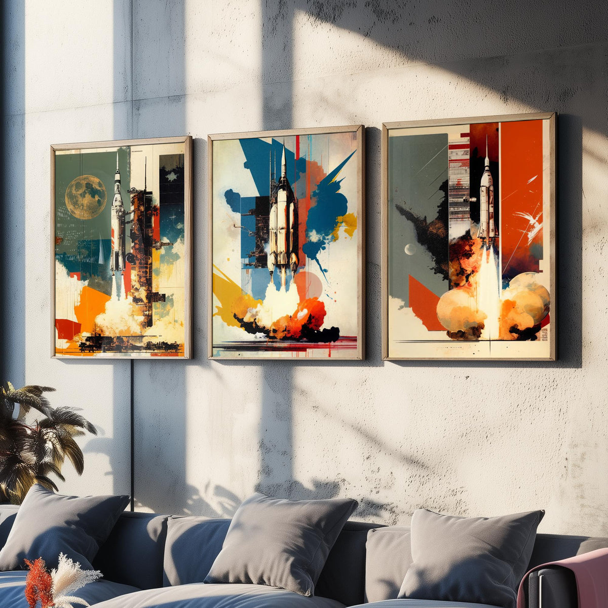 Vintage Rocket Launch Set of Three Art Prints - Retro Space Collage - Mid Century Poster Illustration