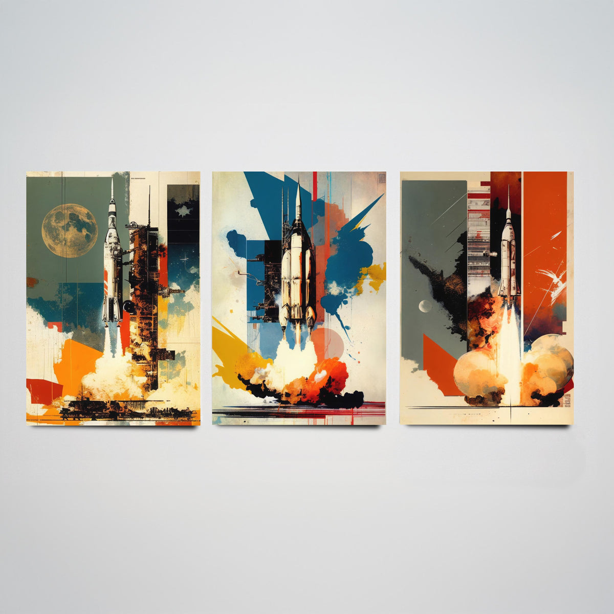 Vintage Rocket Launch Set of Three Art Prints - Retro Space Collage - Mid Century Poster Illustration